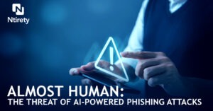Hands with warning sign about phishing attack.