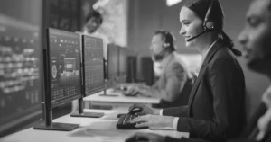 agents in call center at workstations